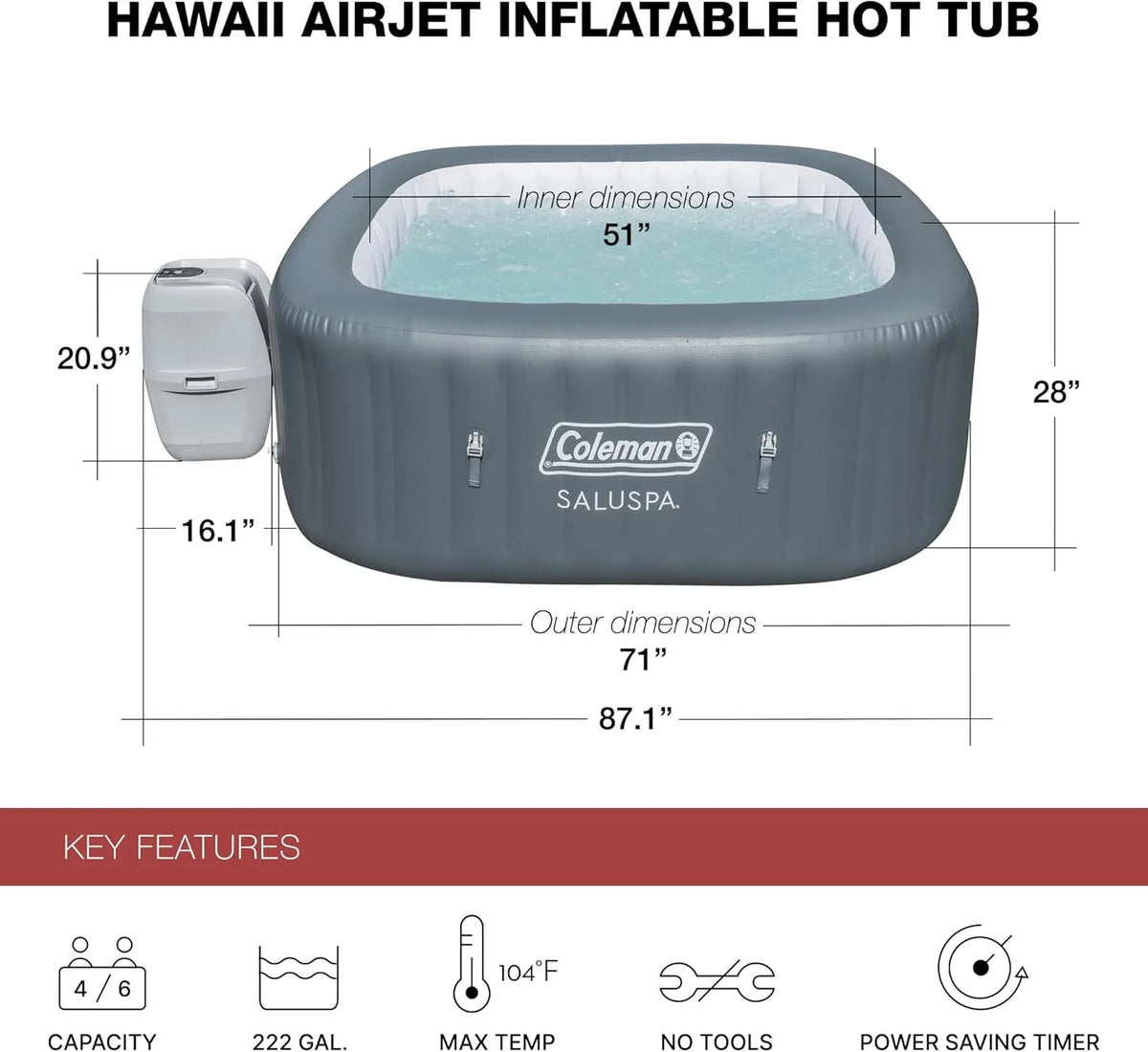 Coleman SaluSpa Atlantis AirJet 4 to 6 Person Inflatable Hot Tub Square Portable Outdoor Spa with 140 Soothing Jets with Cover, Blue