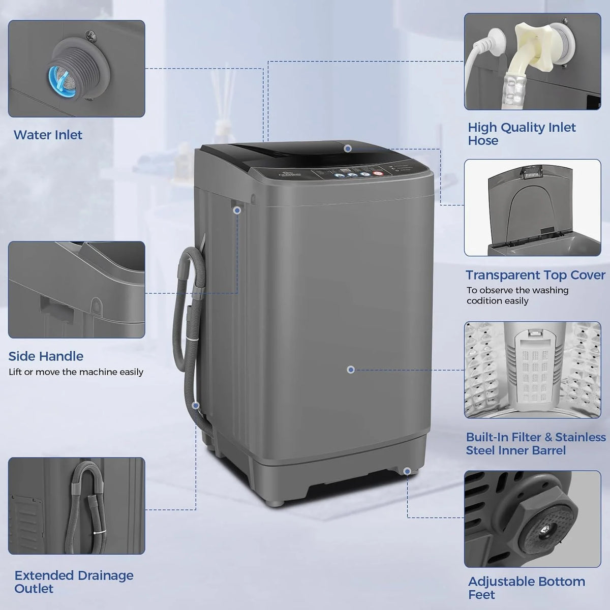 Nictemaw Portable Washing Machine, 20Lbs Capacity Full-Automatic Portable Washer Machine, 2.8Cu.ft Washer and Dryer Combo with Drain Pump, 10 Programs & 8 Water Levels for Apartment, Dorms, RV