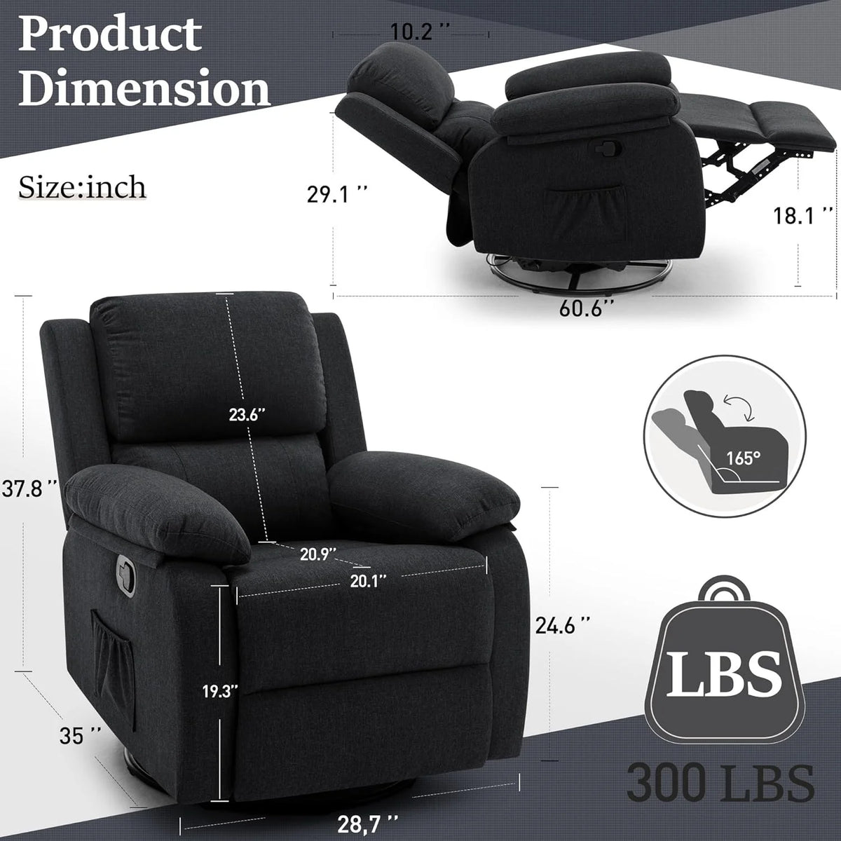 Reclining rocking chair 360 degree rotating fabric sliding reclining chair