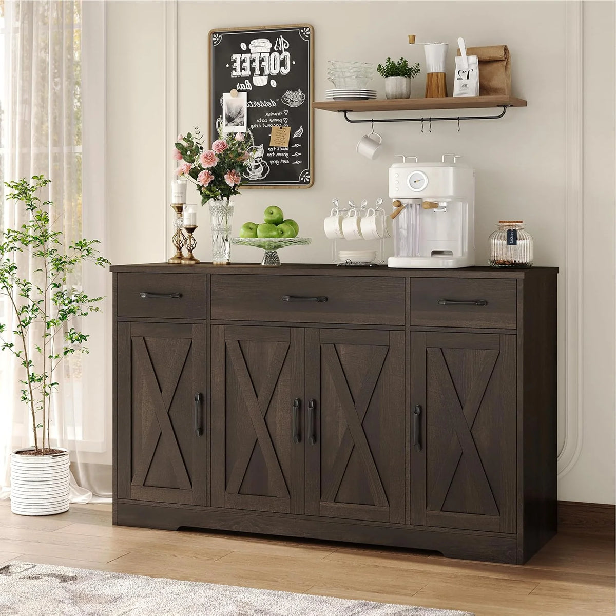 Sideboard with drawers, large 55-inch sideboard, sideboard storage with shelves and doors, modern farmhouse coffee bar wood kitchen dining table
