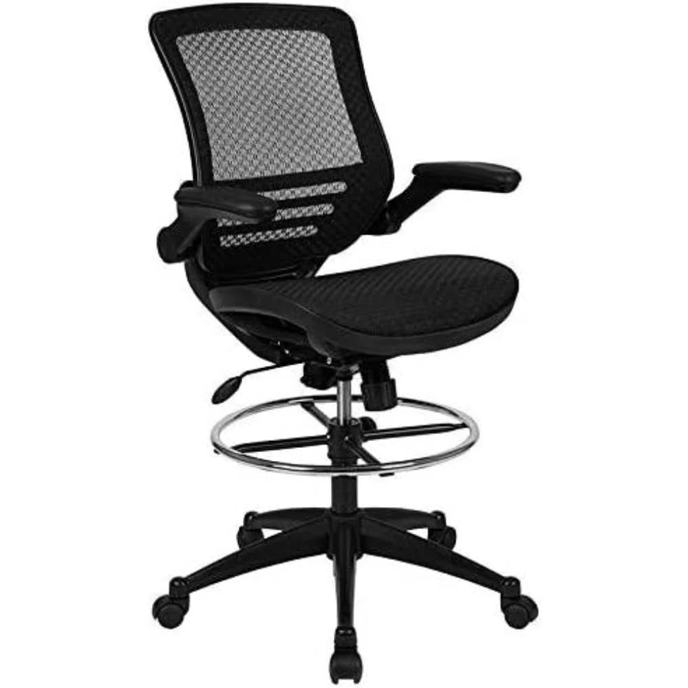 Waylon Mid-Back Transparent Black Mesh Drafting Chair with Melrose Gold Frame and Flip-Up Arms