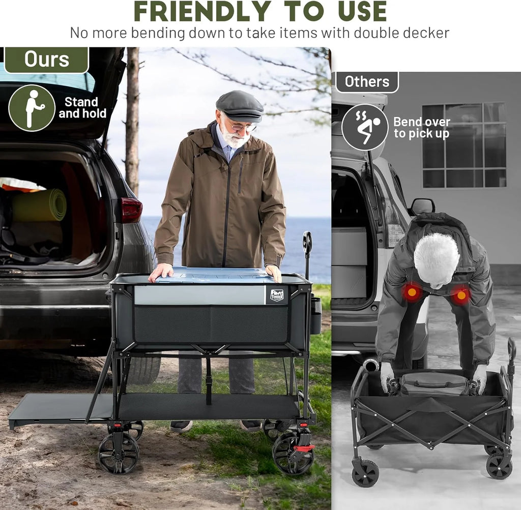 400L Large Capacity Folding Double Decker Cart with Brakes, 54 Inch Extra Long Extended Cart, 450 Pounds Heavy Duty Folding Cart