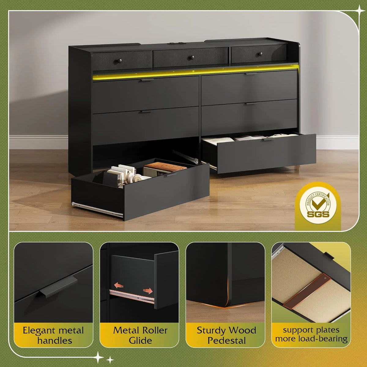9 Drawer Led Dresser for Bedroom, 58.35'' Wide Wood Dresser Storage Organizer with Power Outlets for 65'' TV, Dressers with Open Shelves