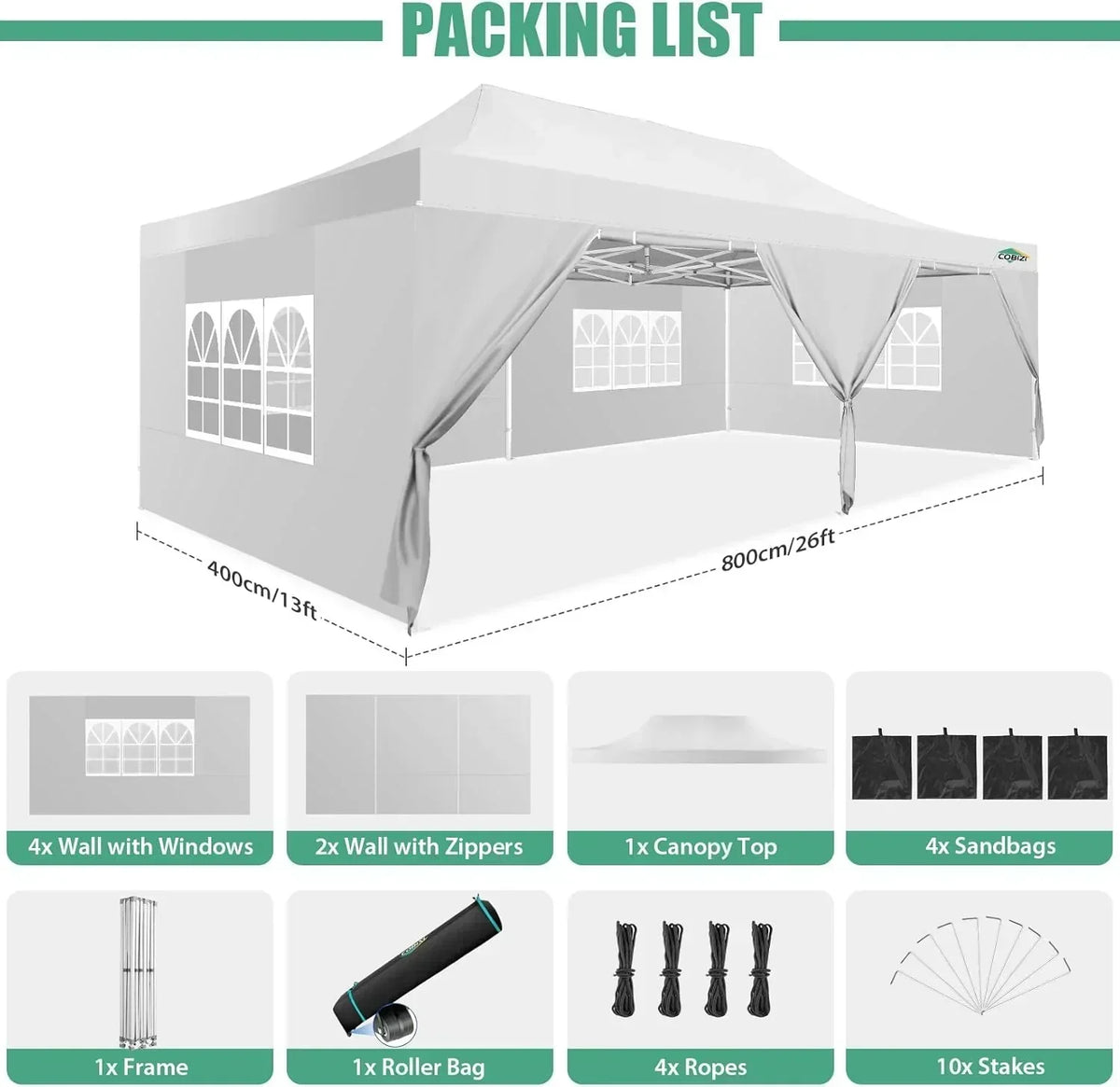 COBIZI 10x20 Heavy Duty Pop up Canopy Tent 6 sidewalls Commercial Canopy Wedding Party Tents