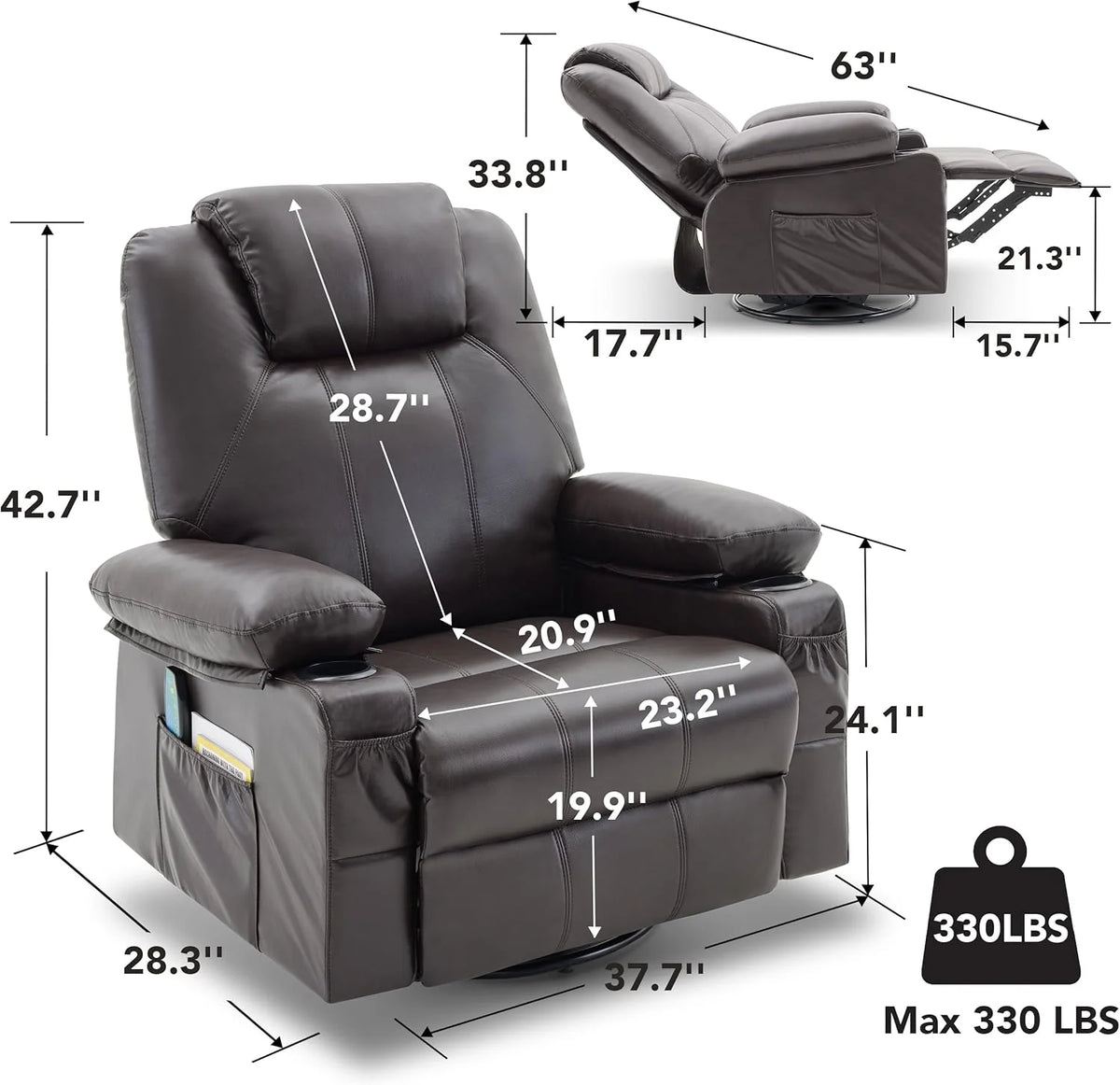 Oversized Swivel Rocker Recliner Chair with Heat and Massage, 360 Degree Swivel Rocking Single Sofa with Cup Holders and USB Port, Large Big Recliner Chair for Living Room (Leather, Brown)