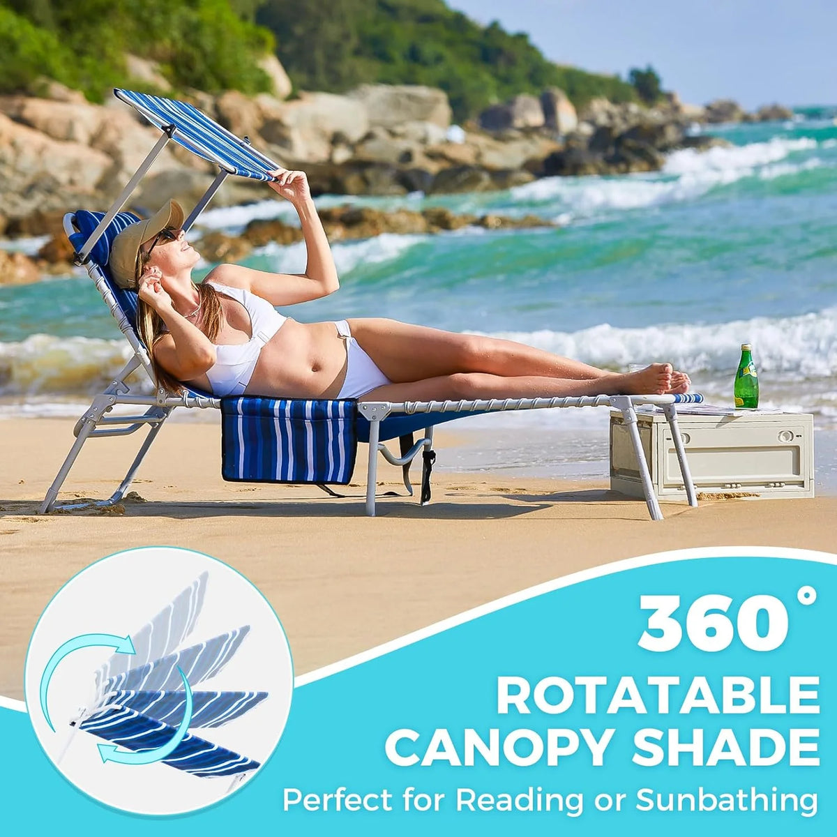 2 Pack Outdoor Chaise Lounge Chair - Portable Folding Patio Pool Lounge Chair, 5 Positions Adjustable Reclining Camping Chair with Side Table,Shoulder Strap, Pillow for Beach Sunbathing Lawn
