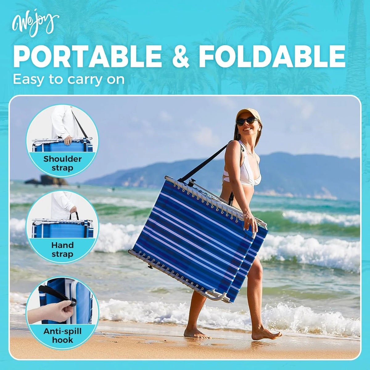 2 Pack Outdoor Chaise Lounge Chair - Portable Folding Patio Pool Lounge Chair, 5 Positions Adjustable Reclining Camping Chair with Side Table,Shoulder Strap, Pillow for Beach Sunbathing Lawn