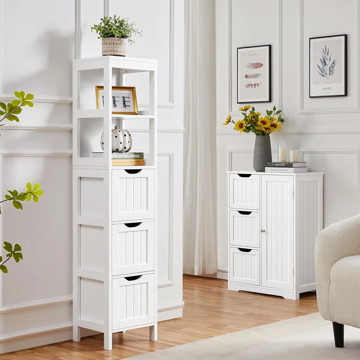 Bathroom Floor Cabinet, Wooden Storage Cabinet with 2 Drawers, Multifunctional Side Organizer Rack Stand Table