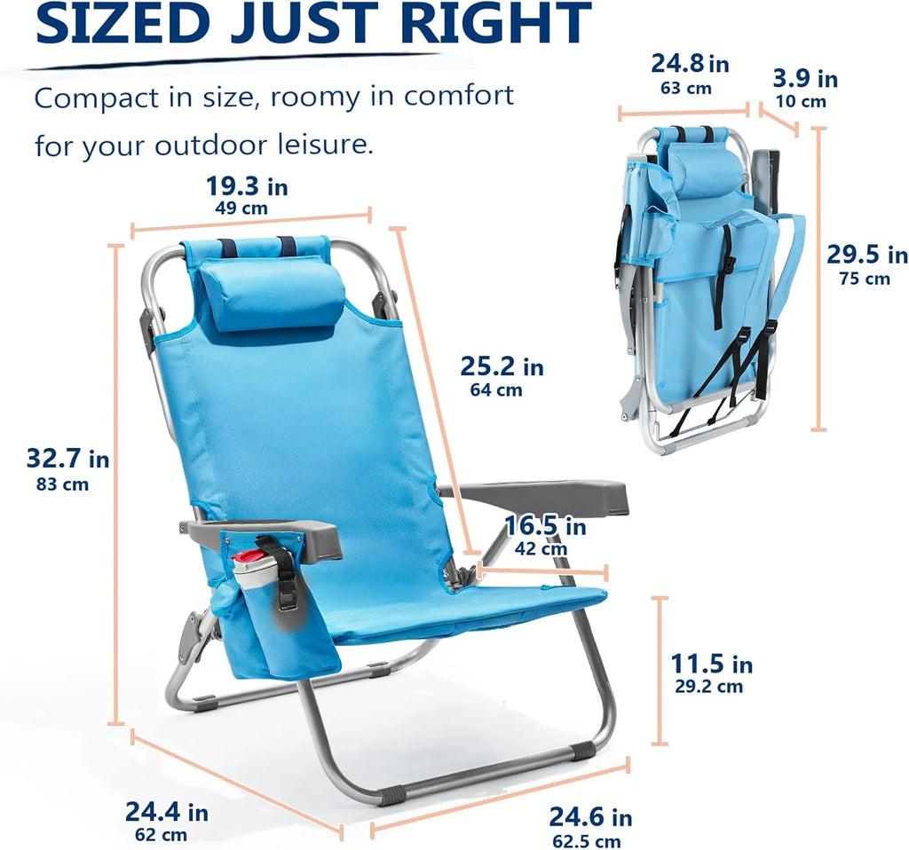 5-Position Aluminum Lay Flat Tall Backpack Beach Chairs 2 Pack Compact Portable Beach Chairs for Adults with Cooler Pouch, Storage Pouch, Towel Bar, Cup Holder & Phone Holder, Blue Stripe