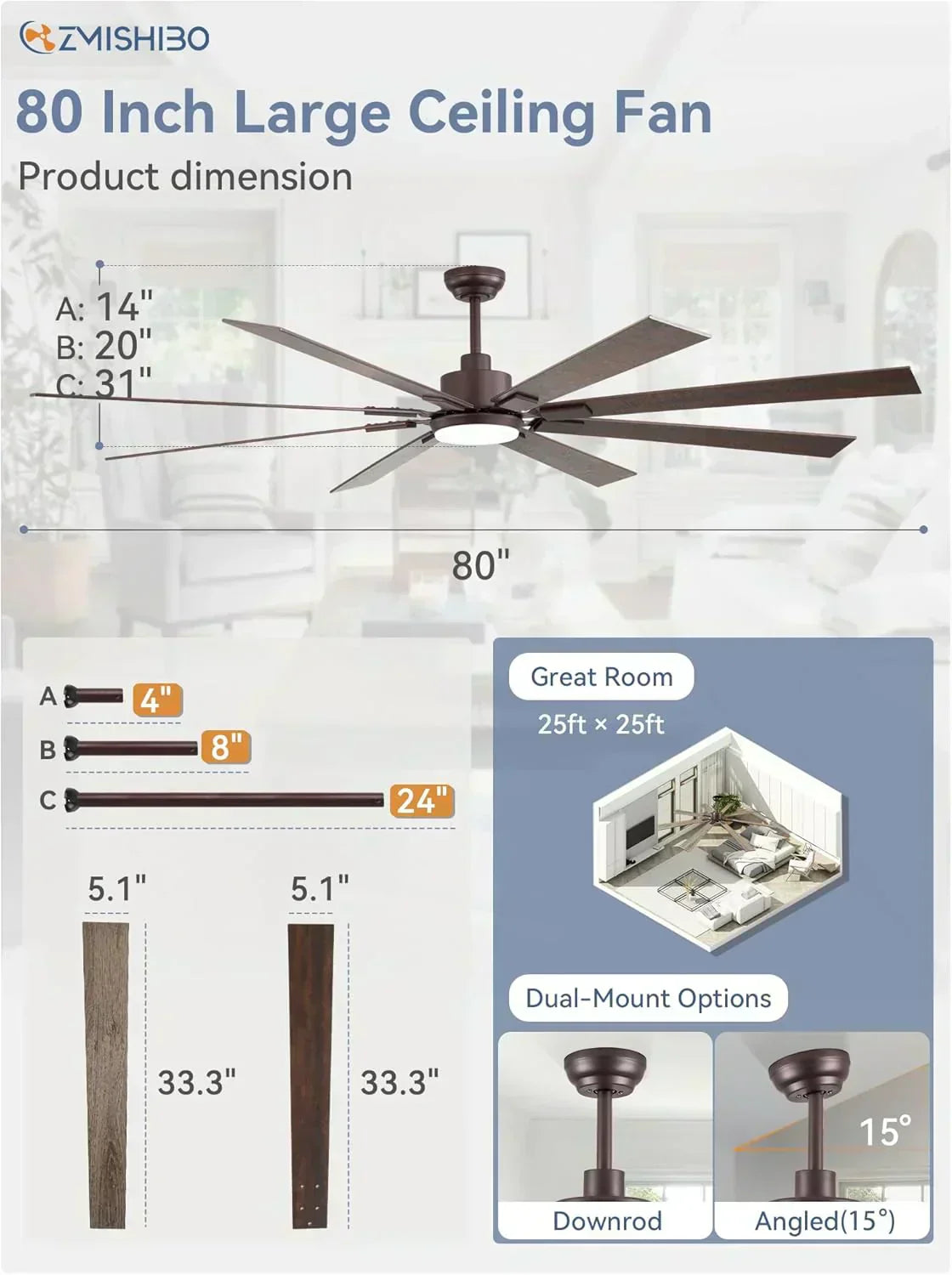 Zmishibo 72-inch large ceiling fan with lighting and remote indoor/outdoor