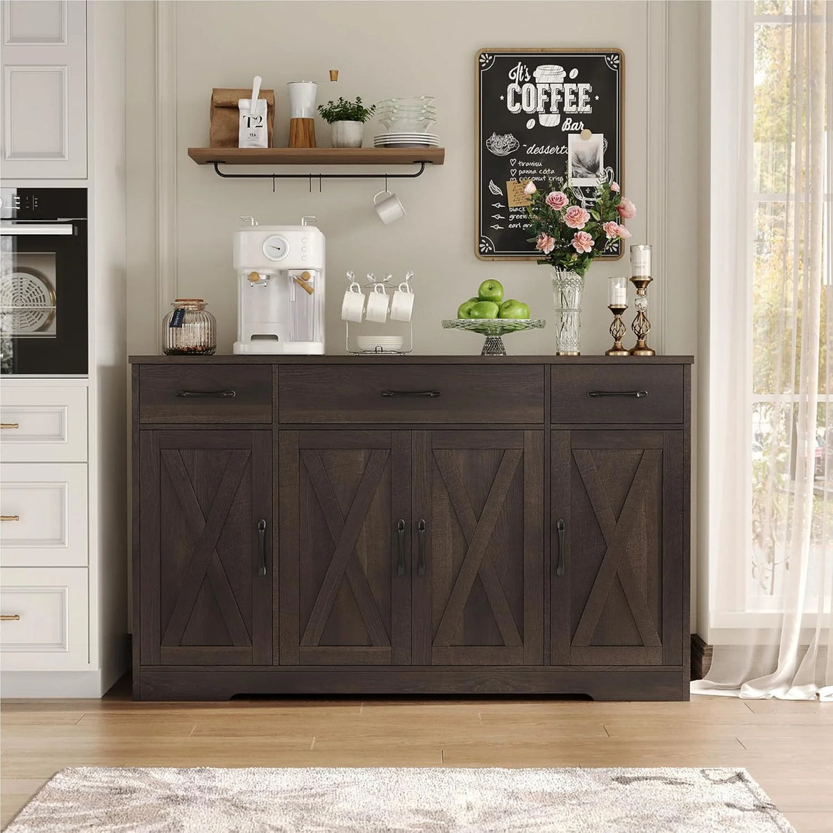 HOSTACK Buffet Cabinet with Drawers, 55 Large Sideboard Buffet Storage Cabinet with Shelves and Doors, Modern Farmhouse Coffee Bar Station Wood Kitchen Table for Kitchen, Dining Room, White/Rustic