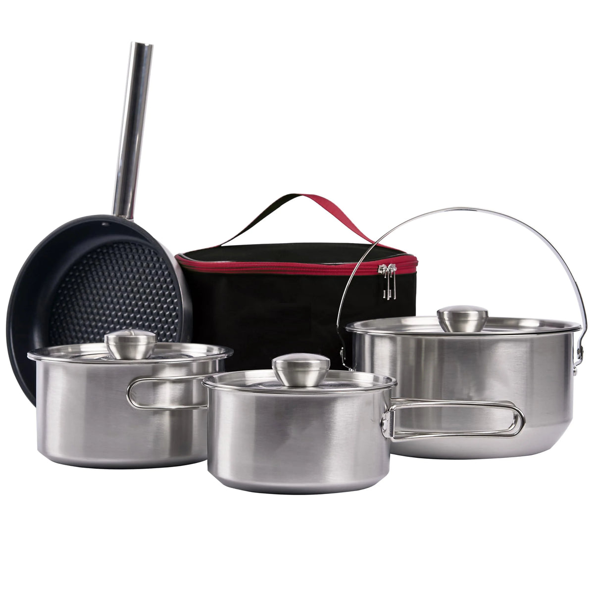 5 Piece Stainless Steel Camping Cookware Set with Skillet and Carry Bag for 4 to 8 People
