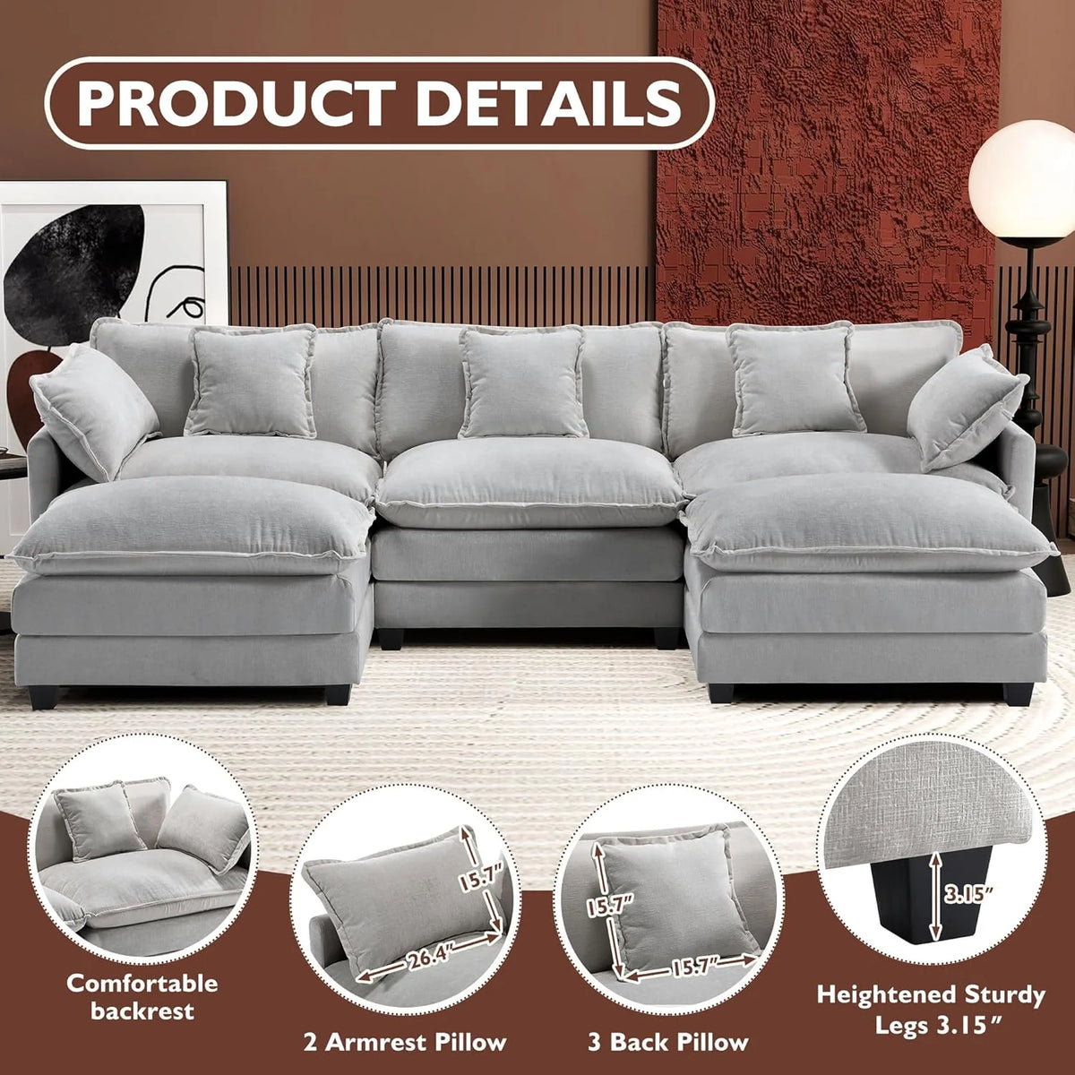 111.4 Inch L-Shaped Modern Sofa Modular Cloud Sofa Ottoman 4-Seater Chenille Deep Seat Sofa