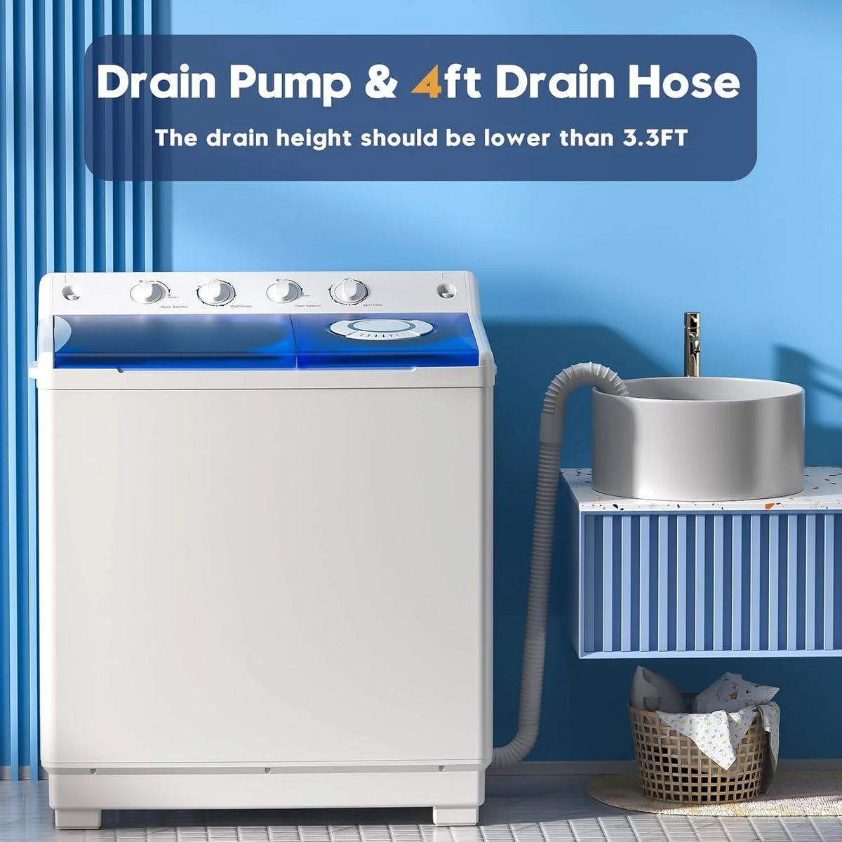 Auertech Portable Washing Machine 28lb Twin Tub Washing Machine Mini Compact Washing Machine with Drain Pump