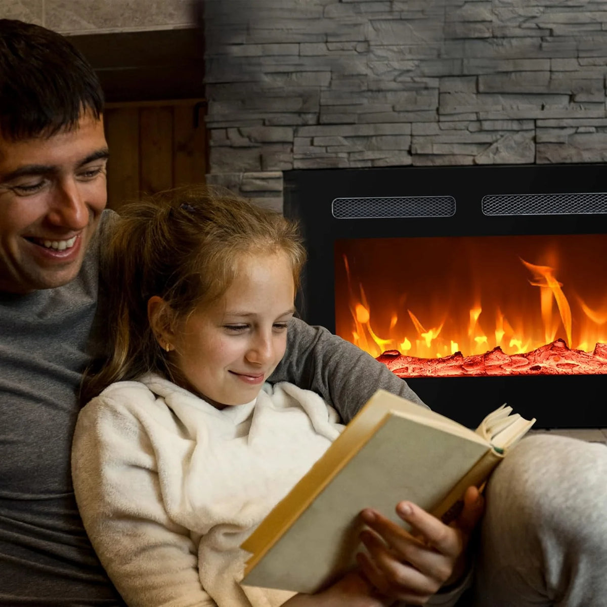 EUHOMY 50 Inch Electric Fireplace Wall Recessed and Wall Mounted with Adjustable Flame Color, Fireplace Heater with Remote Control, Linear Fireplace with Timer, Touch Screen, Log & Crystal, 750/1500W