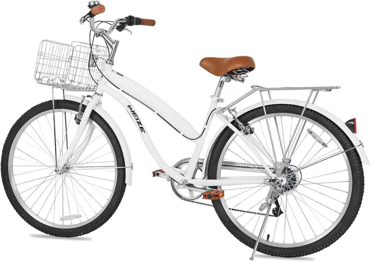 WEIZE Beach Cruiser Bike, 26 inch Commuter Bicycle for Adult Men and Women, 7-Speed/High-Carbon Steel/Front & Rear Fenders, Comfortable City Bikes with Rear Rack or Basket, Ergonomic Upright Design