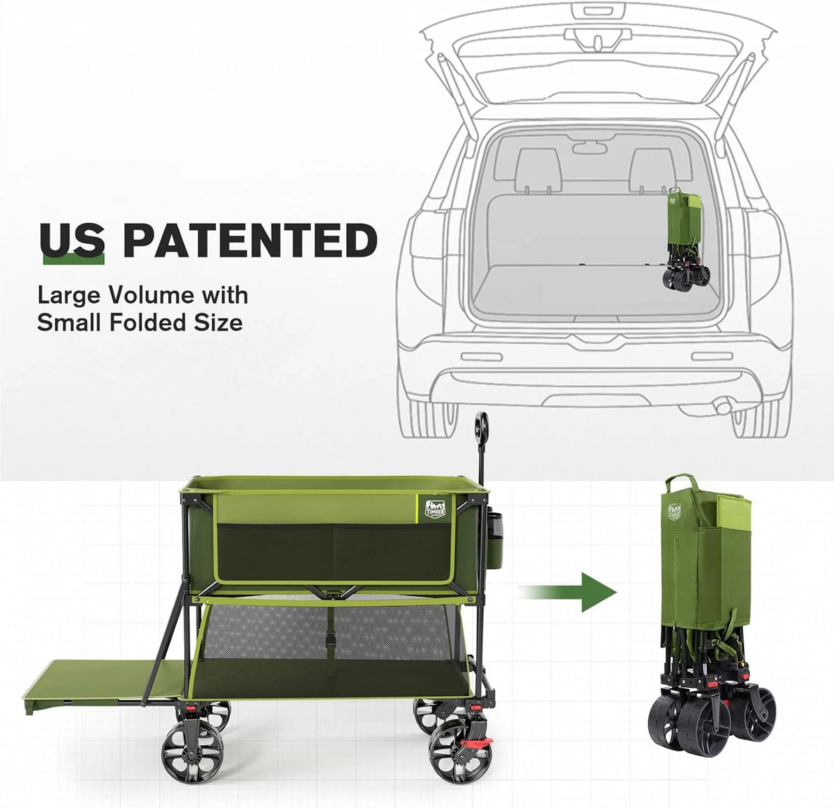 400L Large Capacity Folding Double Decker Cart with Brakes, 54 Inch Extra Long Extended Cart, 450 Pounds Heavy Duty Folding Cart
