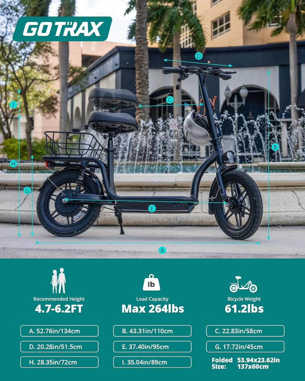 Gotrax adult electric scooter with seat, maximum range of 19-25 miles, all-terrain tires, wide pedals, padded seat, and carrycot