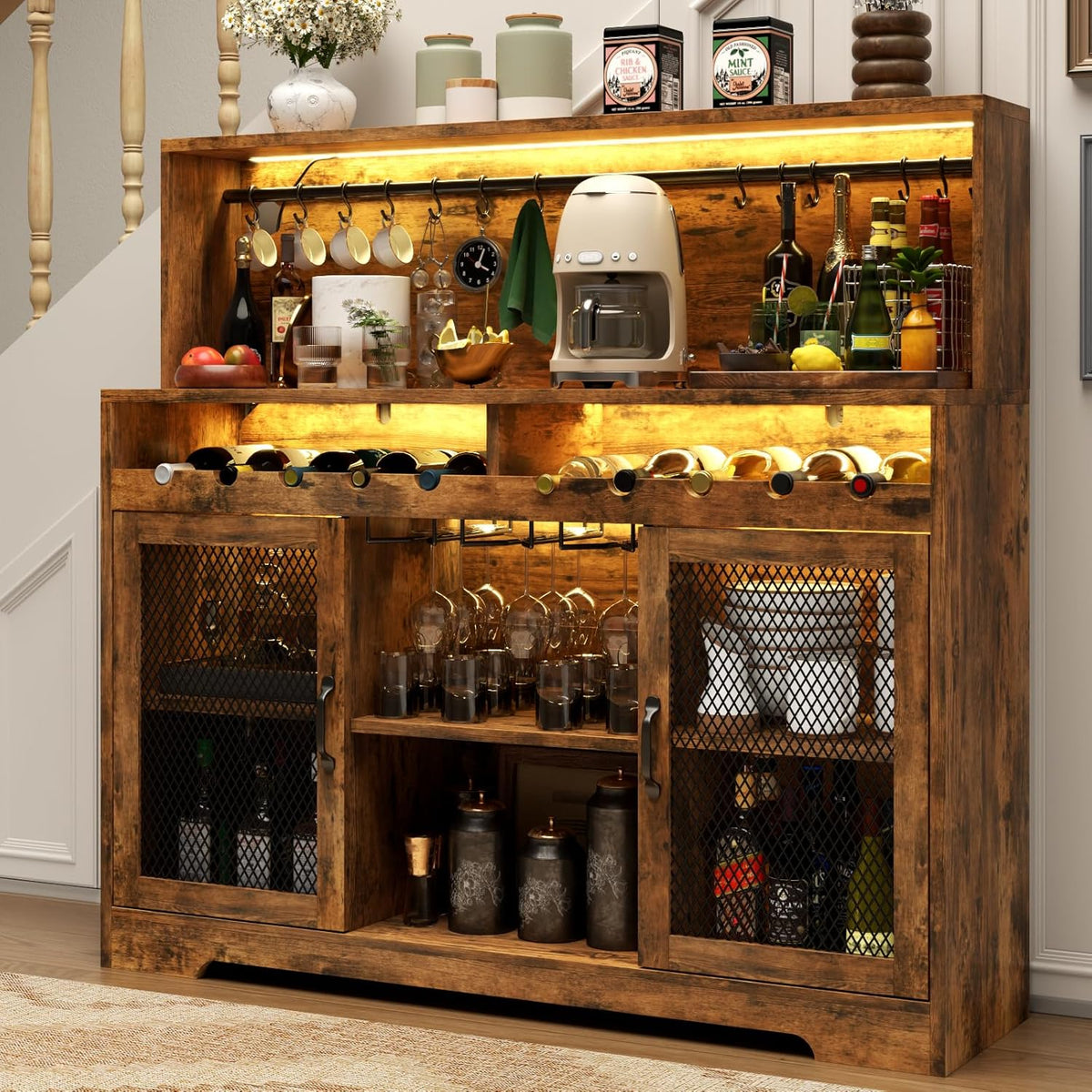 Wine Bar Cabinet with LED Light, Liquor Cabinet with Glass Holder, Coffee Bar for Liquor, Storage Buffet with Wine Racks, Wine Cabinet