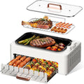 4-in-1 Electric Indoor Grill Smokeless for Home,Countertop Electric Grill with Removable Sizzling Grill Pan & Grate + Auto Rotating Kabob Skewers + Electric Hot Dog Roller Dual Zone Cook with Lid