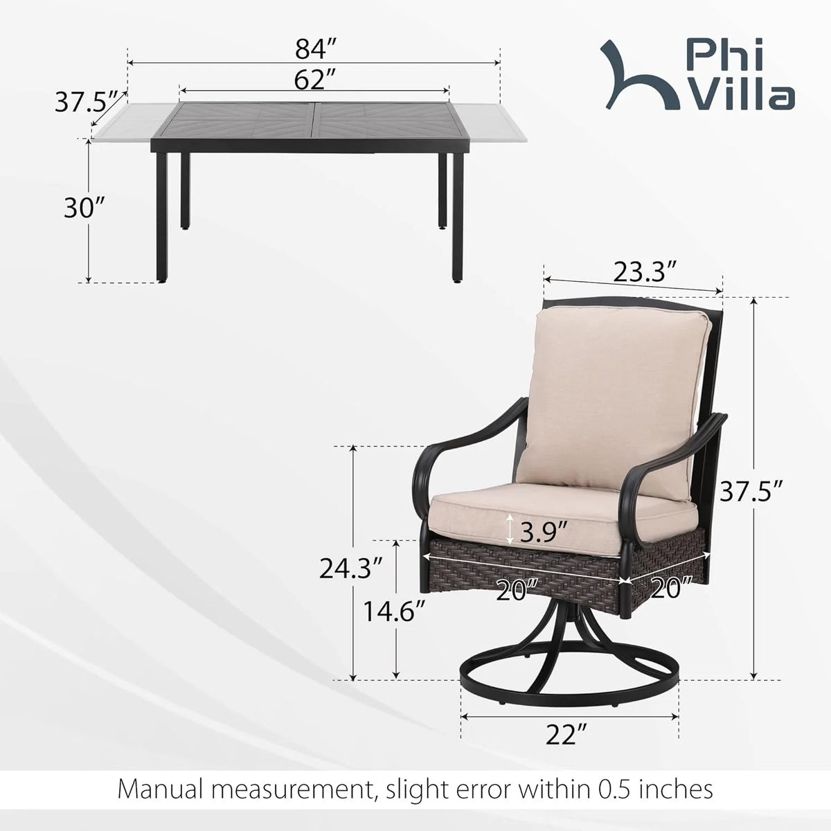 PHI VILLA 6-Piece Outdoor Dining Sets, All-Weather Patio Table and Chairs Set with Umbrella for 4, Heavy Duty Patio Round Table Set for Deck, 4 Extra Large Outdoor Swivel Chairs with Thick Cushions