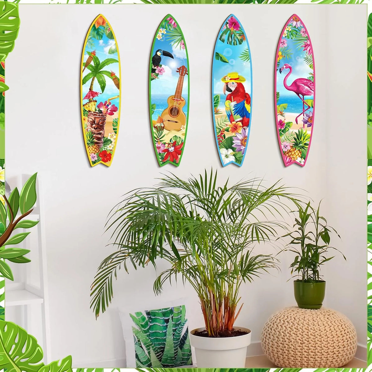 Blulu 4 Pcs Surfboard Wall Decor Surfboard Wall Hanging Sign Wooden Beach Decoration Summer Theme Decor Hawaiian Luau Party Decoration for Home Bar Aloha Tropical Birthday Party(Tiki)