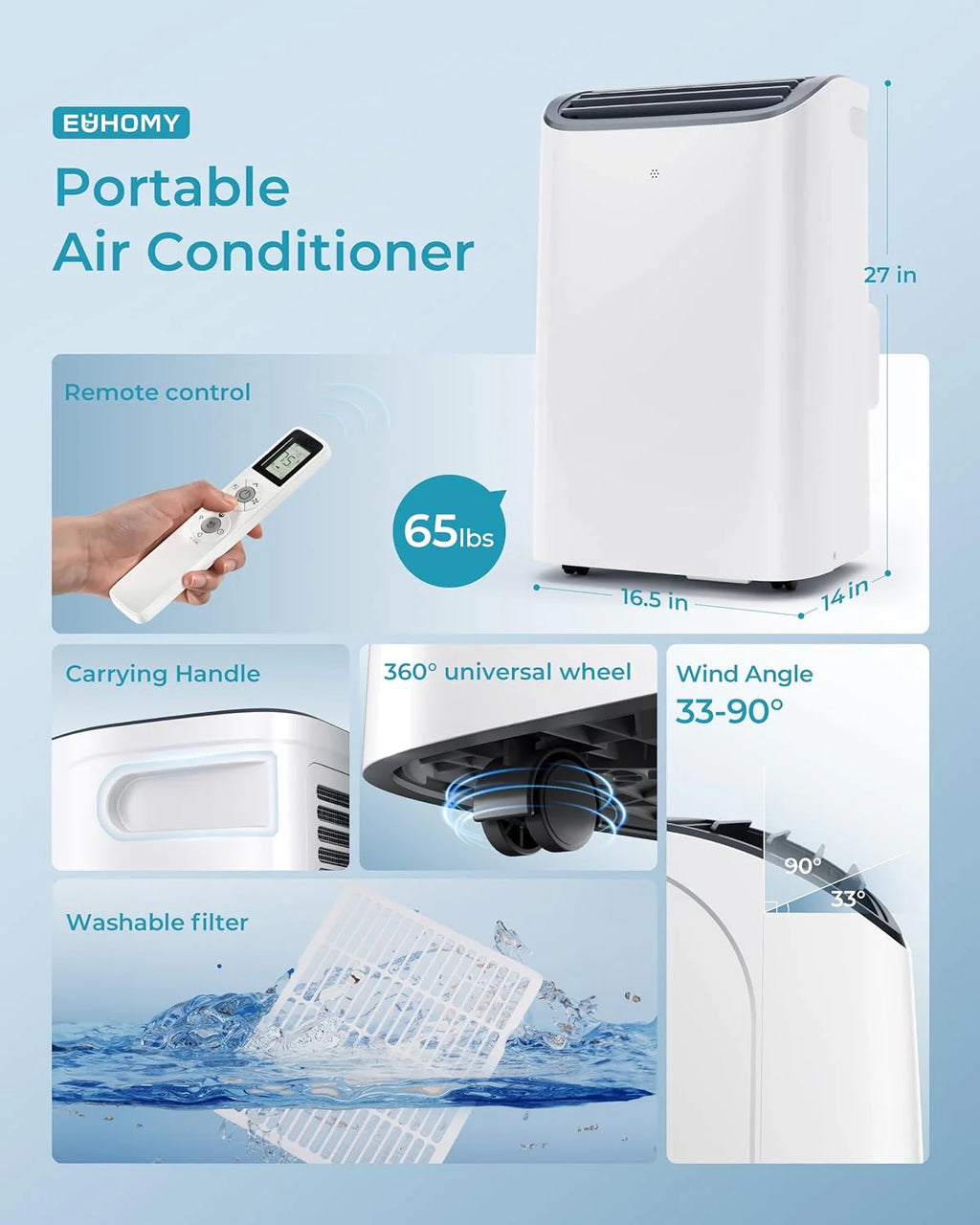 EUHOMY 8,000 BTU Portable Air Conditioners, 4-in-1 Portable AC Unit Up to 350 Sq.Ft, 4 Modes Quiet Air Conditioner with Remote Control, Cool, Fan, Dehumidifier, 24H Timer, Bedroom, Office, Apartments