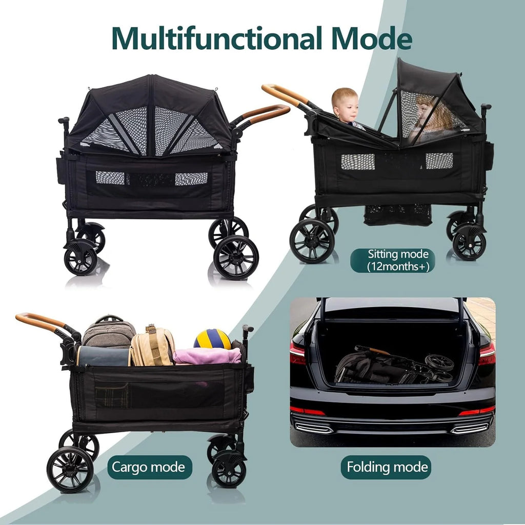 Wagon Stroller for 2 Kids & Cargo-Travel Stroller Push-Pull Double Wagon Lightweight Folding Stroller for Newborn&Toddler with 5-Point Harness,Adjustable Handle Bar and Canopy,Tray Table,Cup Holder