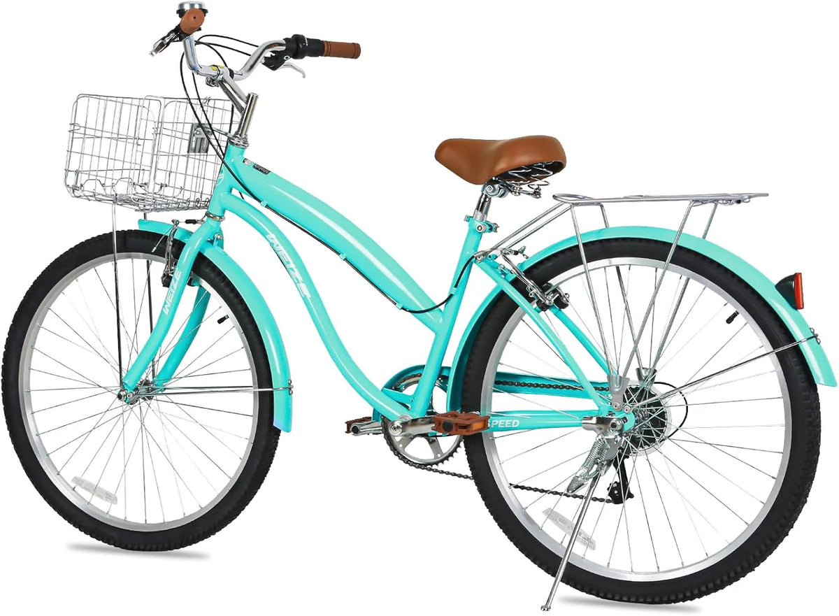 WEIZE Beach Cruiser Bike, 26 inch Commuter Bicycle for Adult Men and Women, 7-Speed/High-Carbon Steel/Front & Rear Fenders, Comfortable City Bikes with Rear Rack or Basket, Ergonomic Upright Design