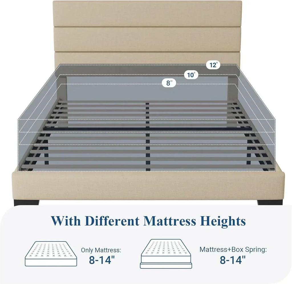 Allewie Queen Size Platform Bed Frame with Fabric Upholstered Headboard Wooden Slats Support