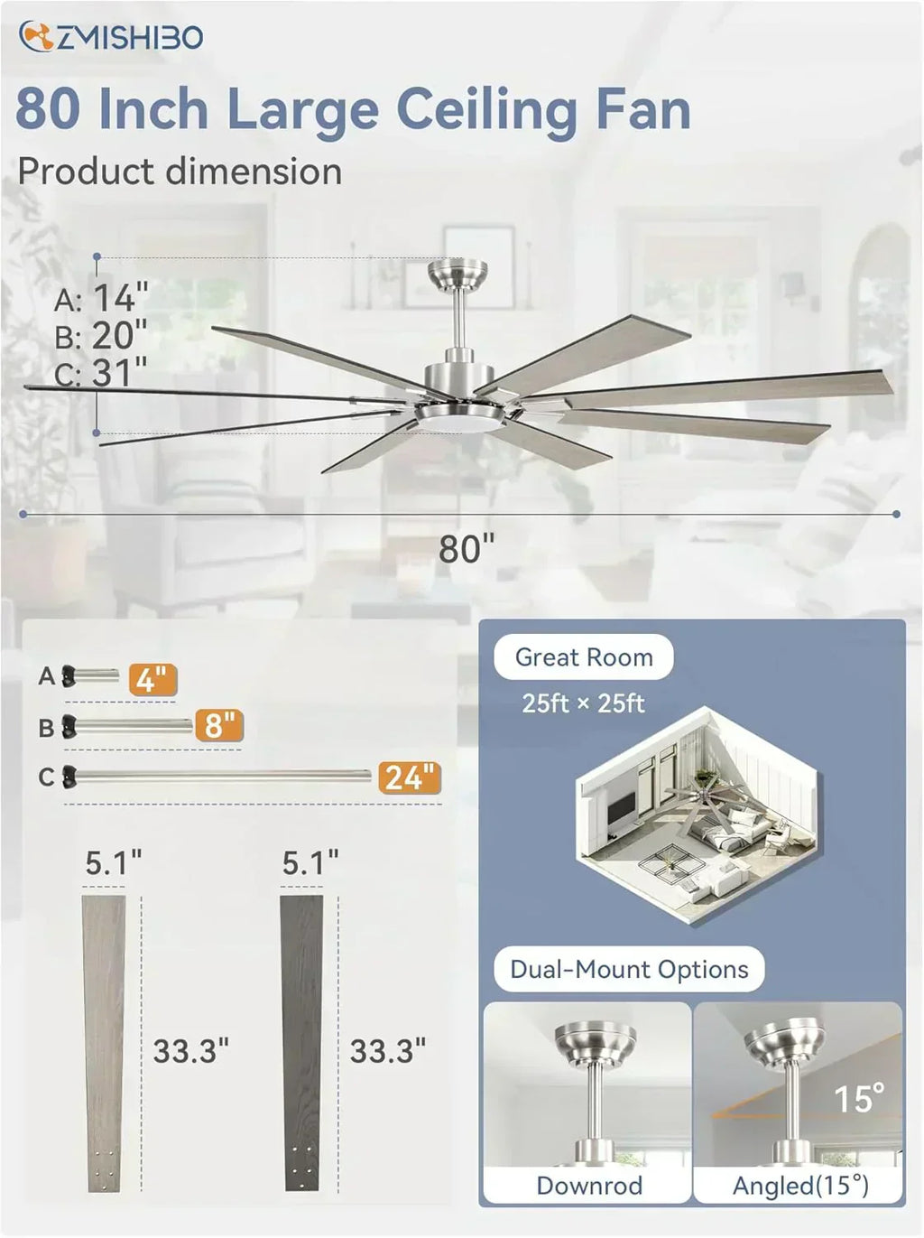 Zmishibo 72-inch large ceiling fan with lighting and remote indoor/outdoor