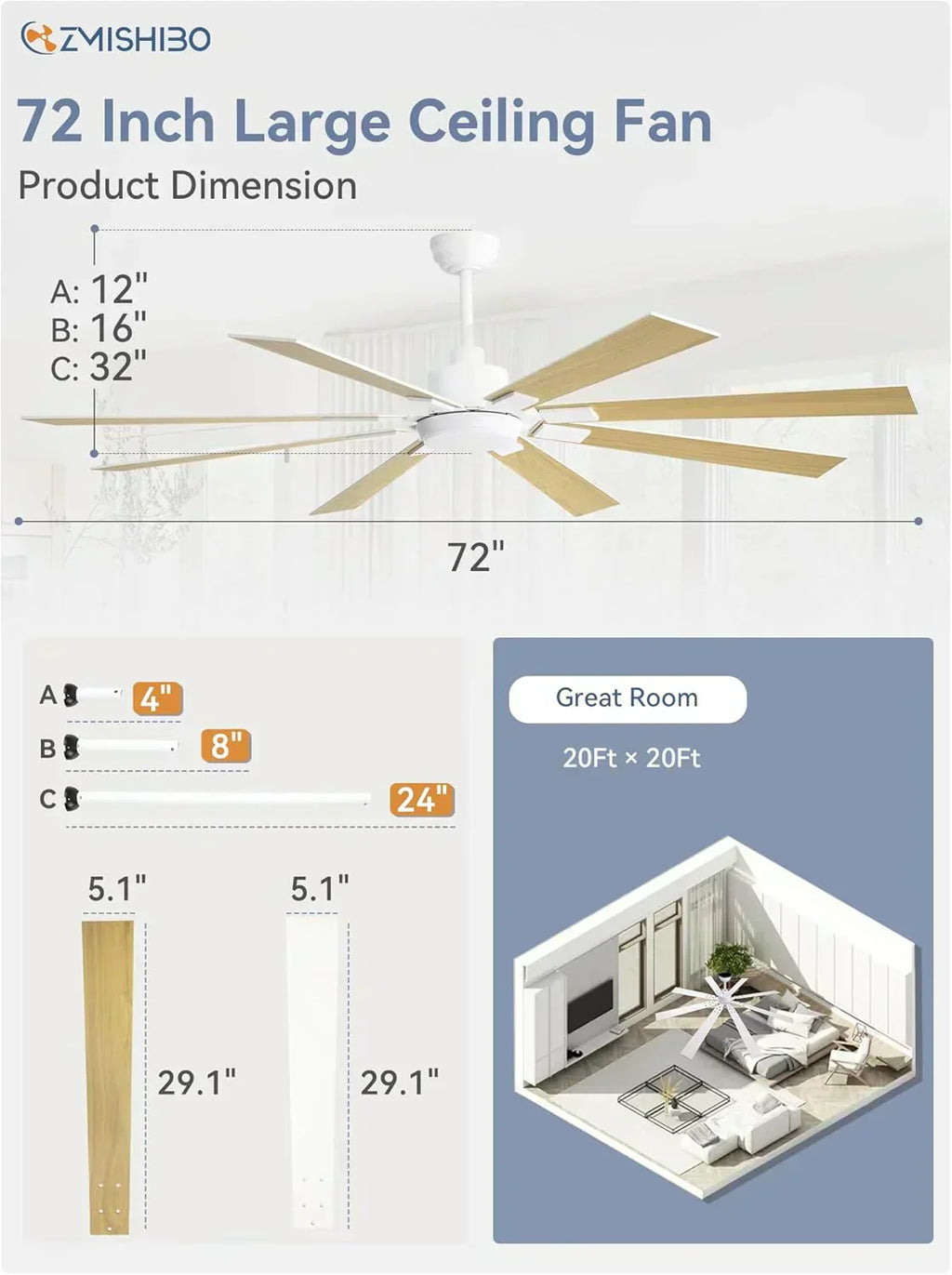 Zmishibo 72-inch large ceiling fan with lighting and remote indoor/outdoor