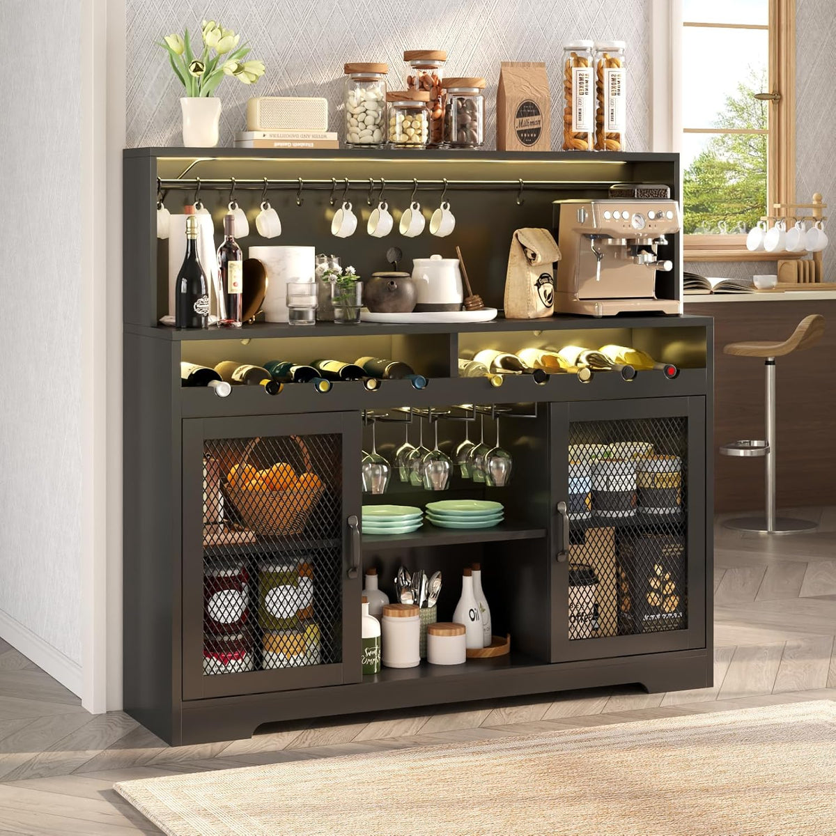 Wine Bar Cabinet with LED Light, Liquor Cabinet with Glass Holder, Coffee Bar for Liquor, Storage Buffet with Wine Racks, Wine Cabinet
