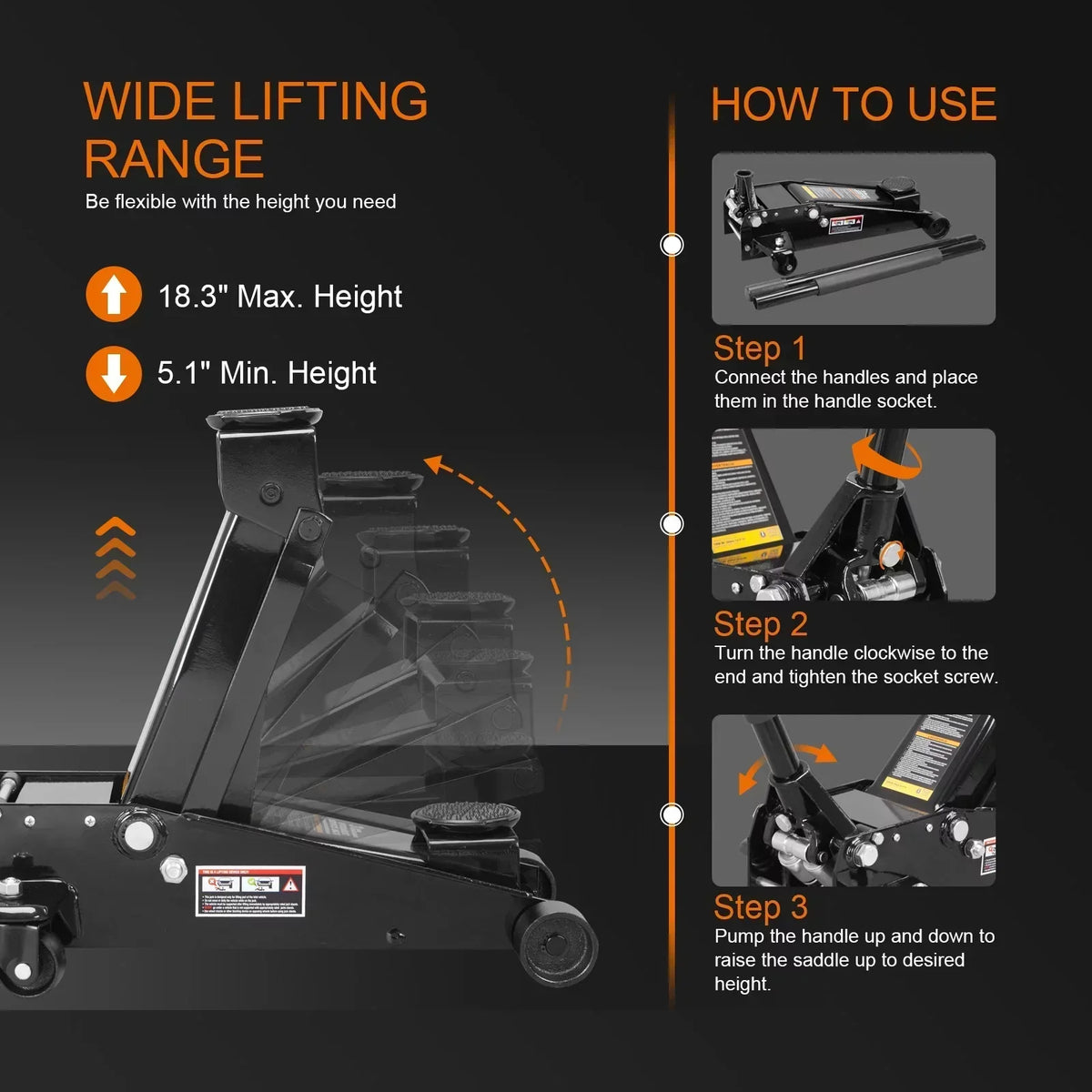 3 Ton Floor Jack Hydraulic Heavy Duty Steel Car Jack with Quick Lift Dual Pump,Black,W8303-B