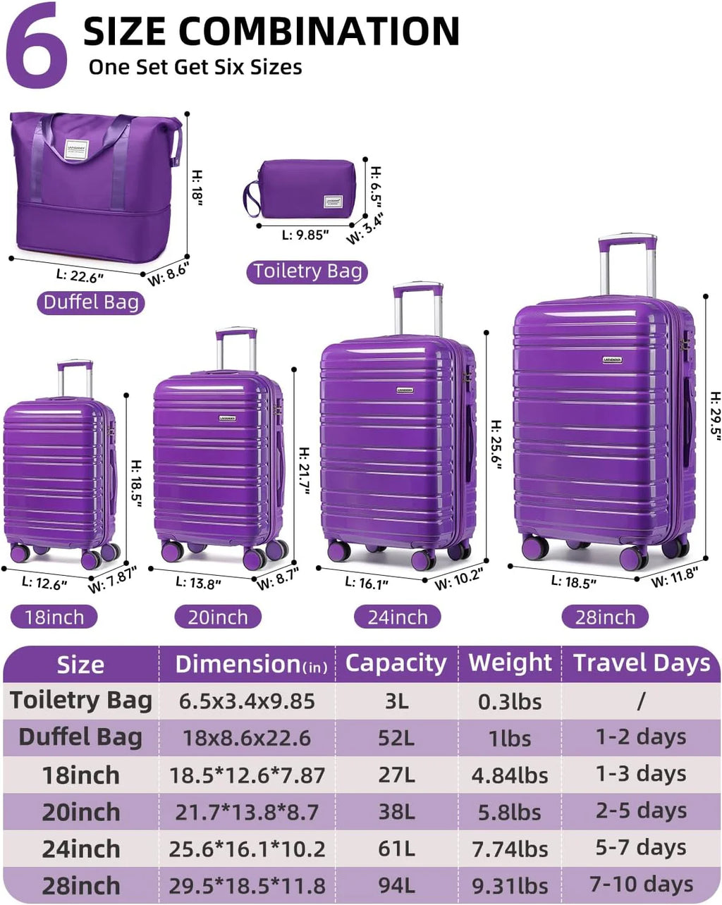 6-piece luggage set, expandable hardshell suitcase set with spinner wheels, lightweight rolling luggage set