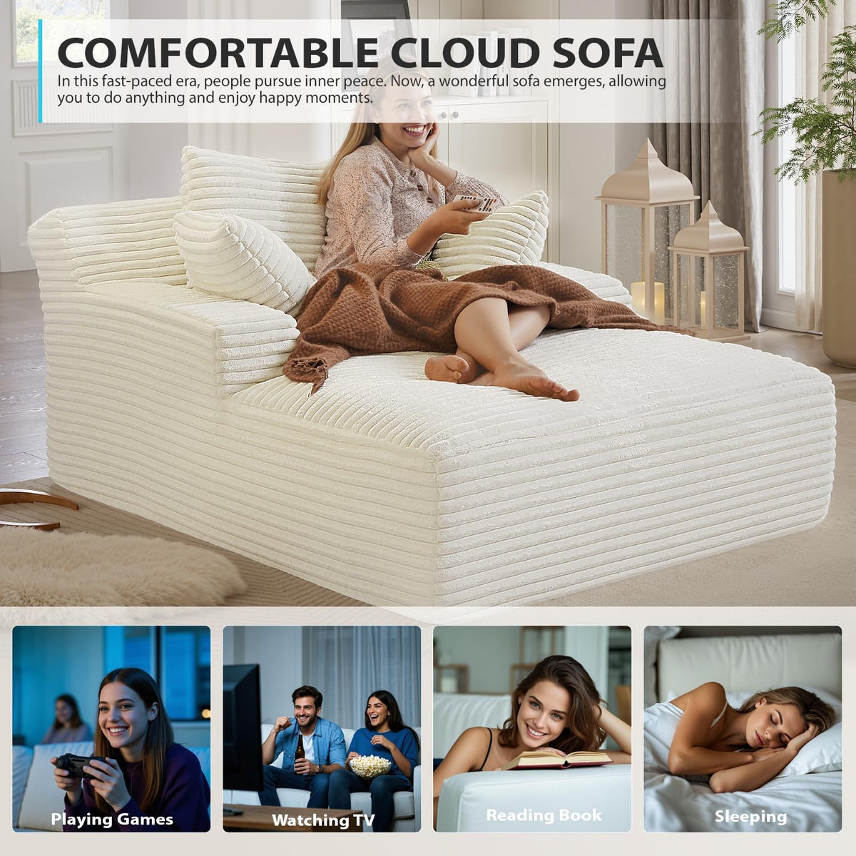50-inch indoor recliner, oversized corduroy upholstered boneless sofa bed, deep sleeper sofa reading chair, cloud sofa, living room sofa