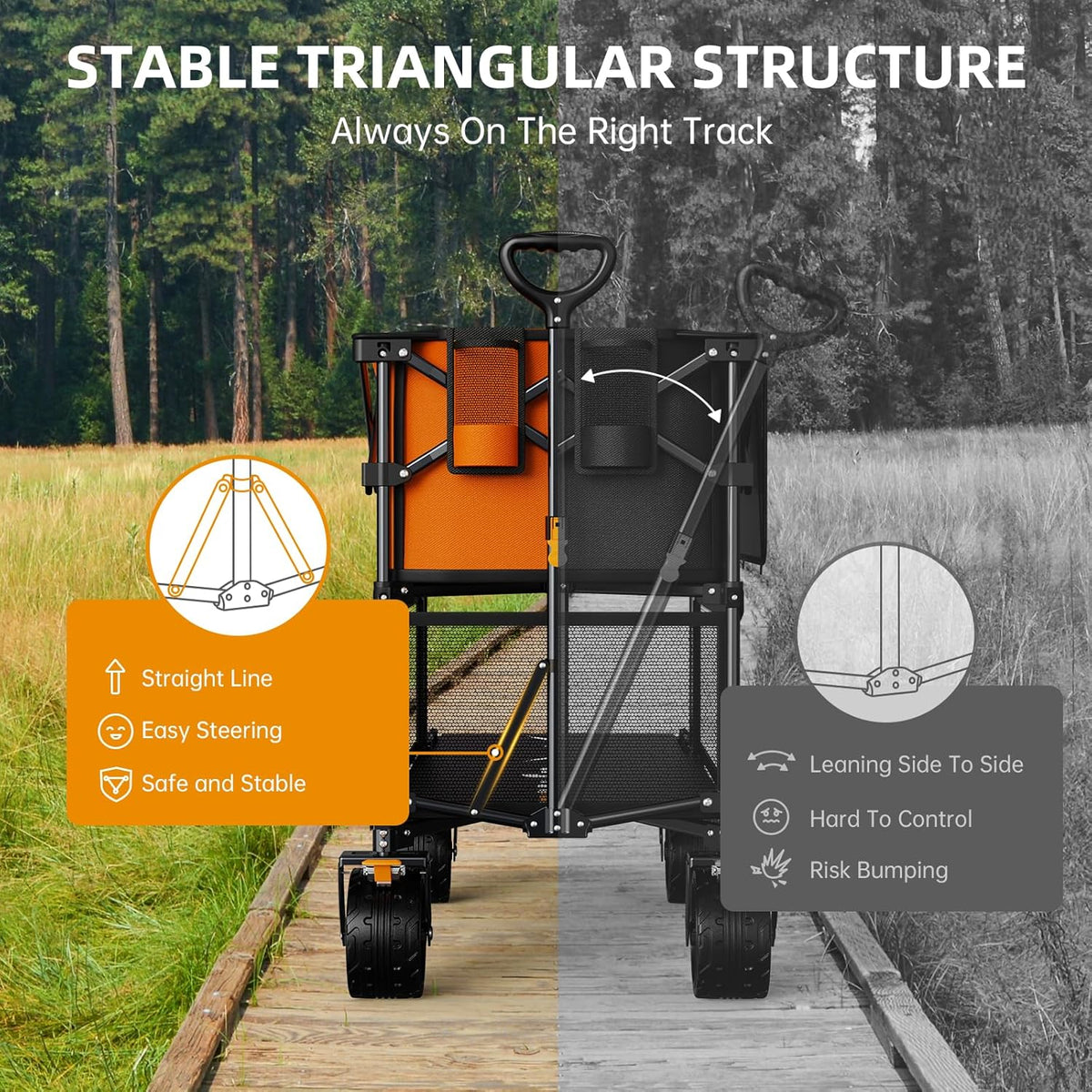 Foldable 50''L Extra Long Double Decker Wagon for Sport, 400L Collapsible Heavy Duty Wagon Cart with Big Wheels, Utility All-Terrain Large Extender Cart for Outdoors