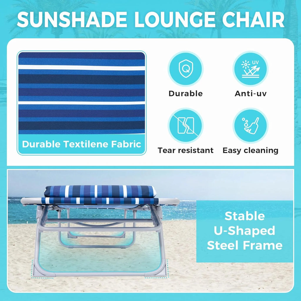 2 Pack Outdoor Chaise Lounge Chair - Portable Folding Patio Pool Lounge Chair, 5 Positions Adjustable Reclining Camping Chair with Side Table,Shoulder Strap, Pillow for Beach Sunbathing Lawn