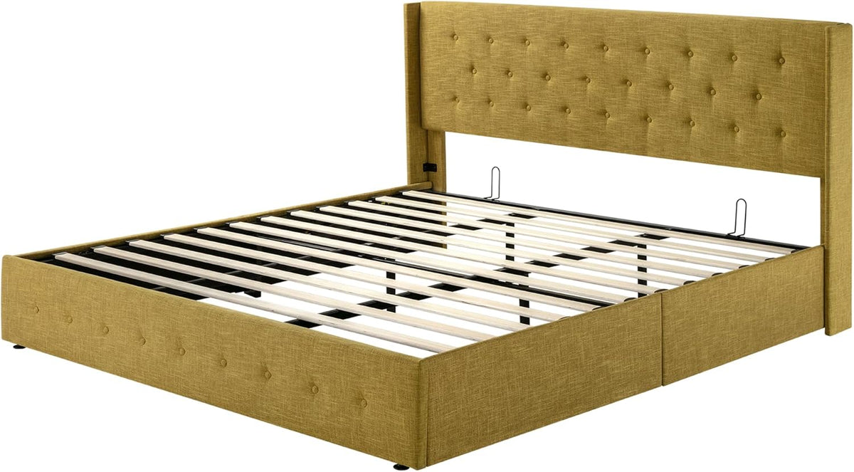 Allewie Queen Size Lift Up Storage Bed Modern Wingback Headboard Hydraulic Support