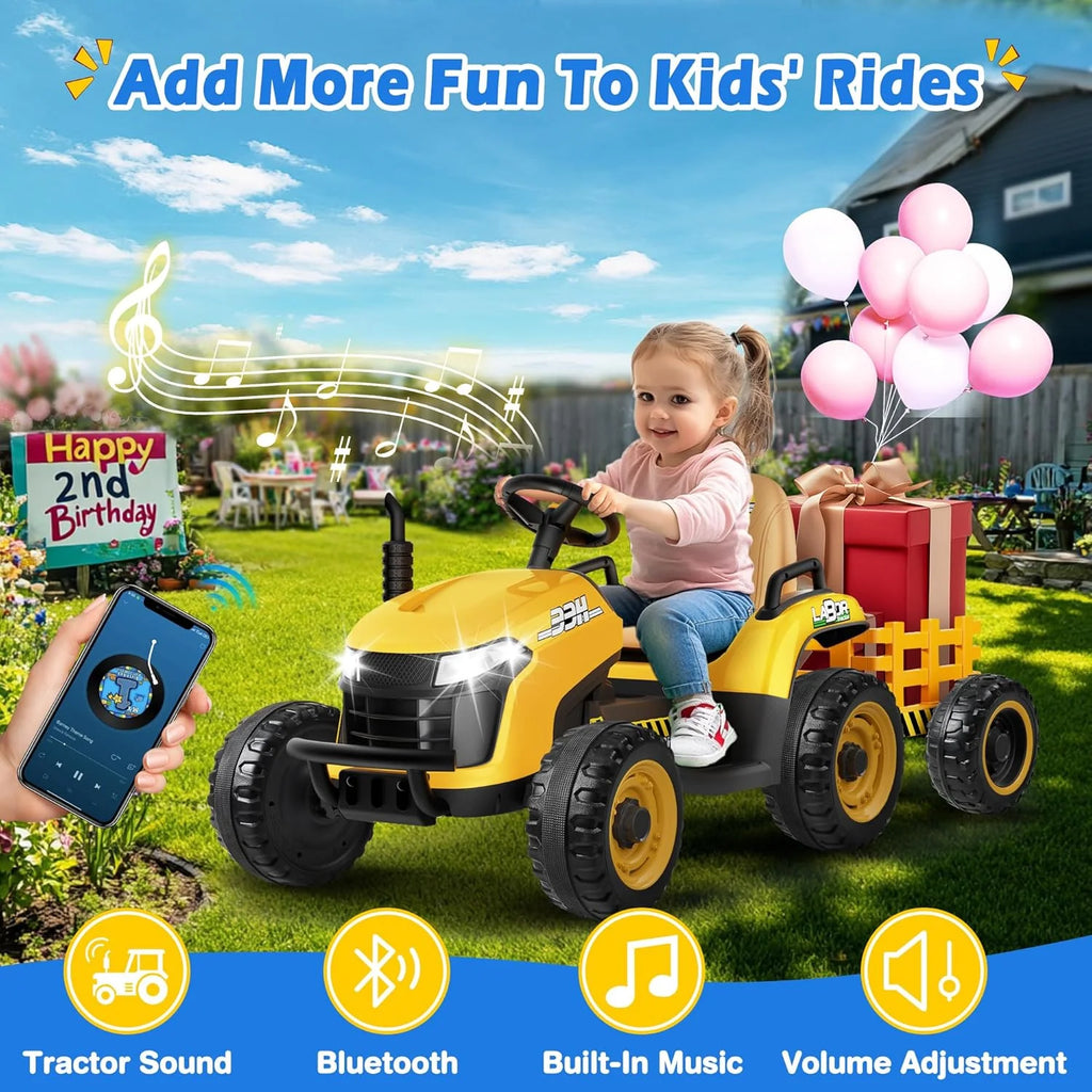 24V Ride On Tractor w/Tiltable & Detachable Trailer, 2x65W Motors, EVA Tires, Remote Control, Bluetooth, Shifter, Music, Electric Car for Kids, Green