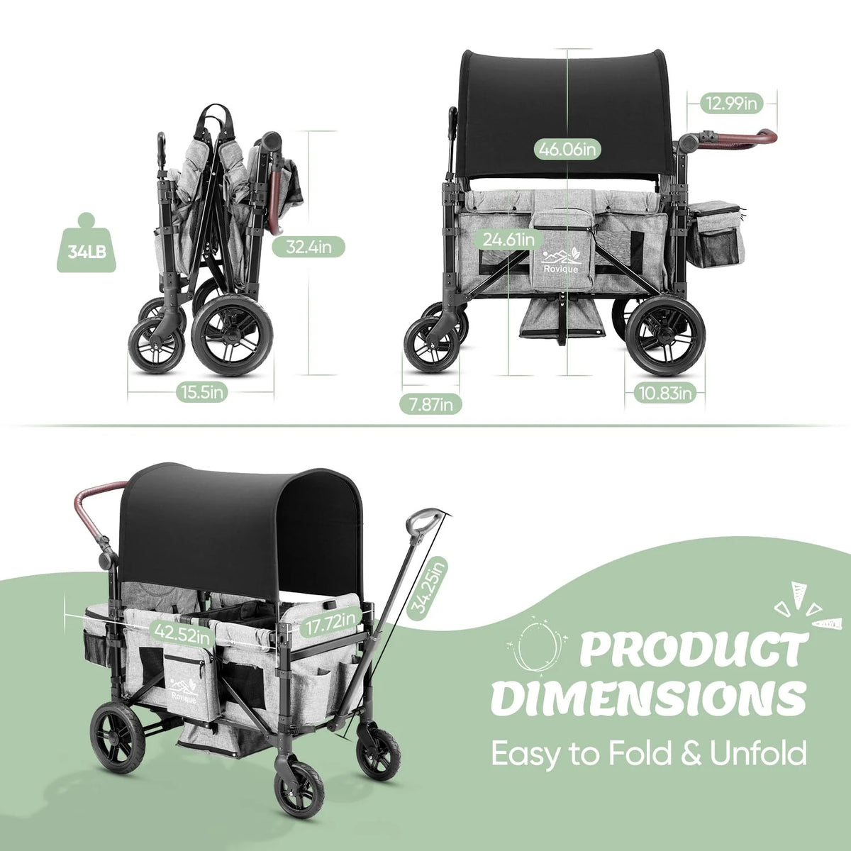 Wagon Stroller for 2 Kids,Premium Wagon for Kids with Removable Canopy, Snack Tray, Convertible Baby Bassinet, 5-Point Safety Harness, All-Terrain PU Wheels & Adjustable Push/Pull Handle,Grey