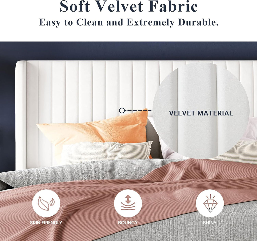 Allewie Full Size Velvet Bed Frame Vertical Channel Tufted Wingback Headboard Upholstered Bed