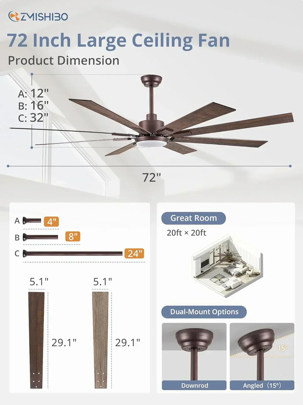 Zmishibo 72-inch large ceiling fan with lighting and remote indoor/outdoor