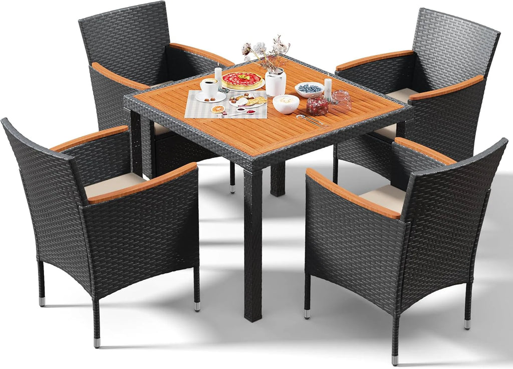 Devoko Dining 7 PCS Furniture, Patio Conversation Set with Acacia Wood Table Top, Rattan Outdoor, Black