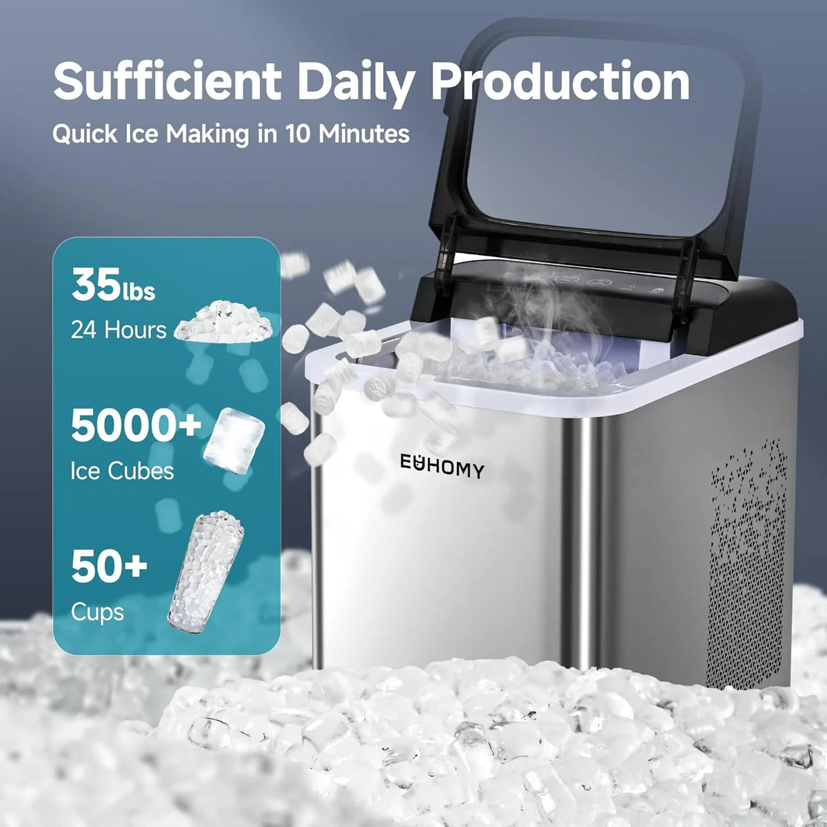 EUHOMY Nugget Ice Maker Countertop, Ready in 8 Mins, 35lbs/24H, Self-Cleaning, Portable Ice Makers Machine with Ice Scoop & Basket, Sonic Ice Maker with Chewable Pellet Ice for Home/Party/RV/Camping