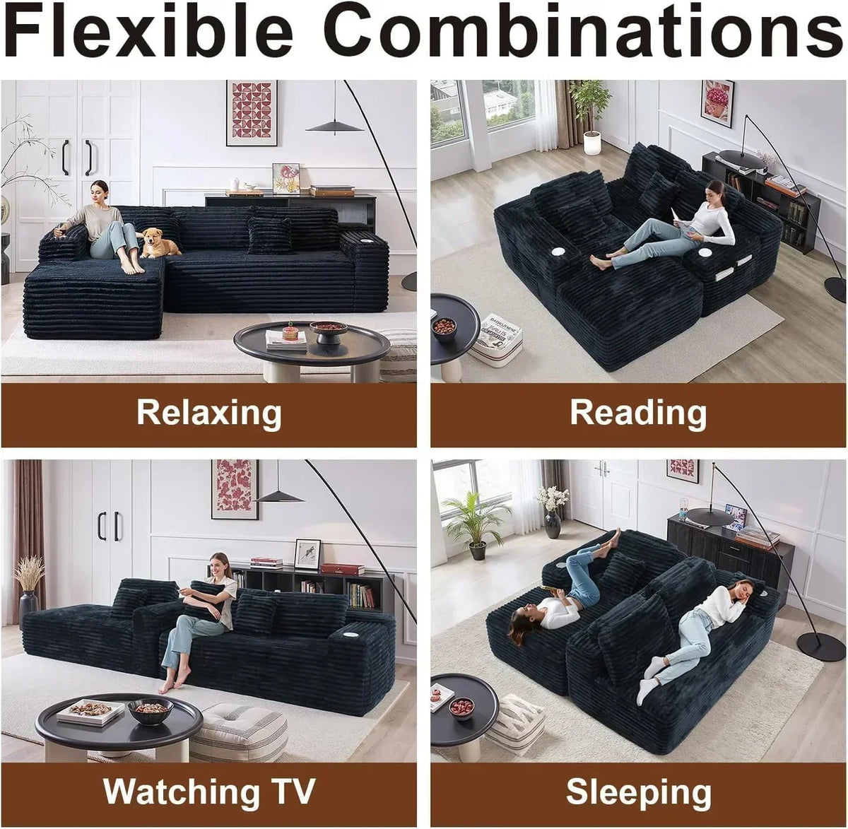 Cloud section sofa with L-shaped recliner modern modular sofa built-in cup holder