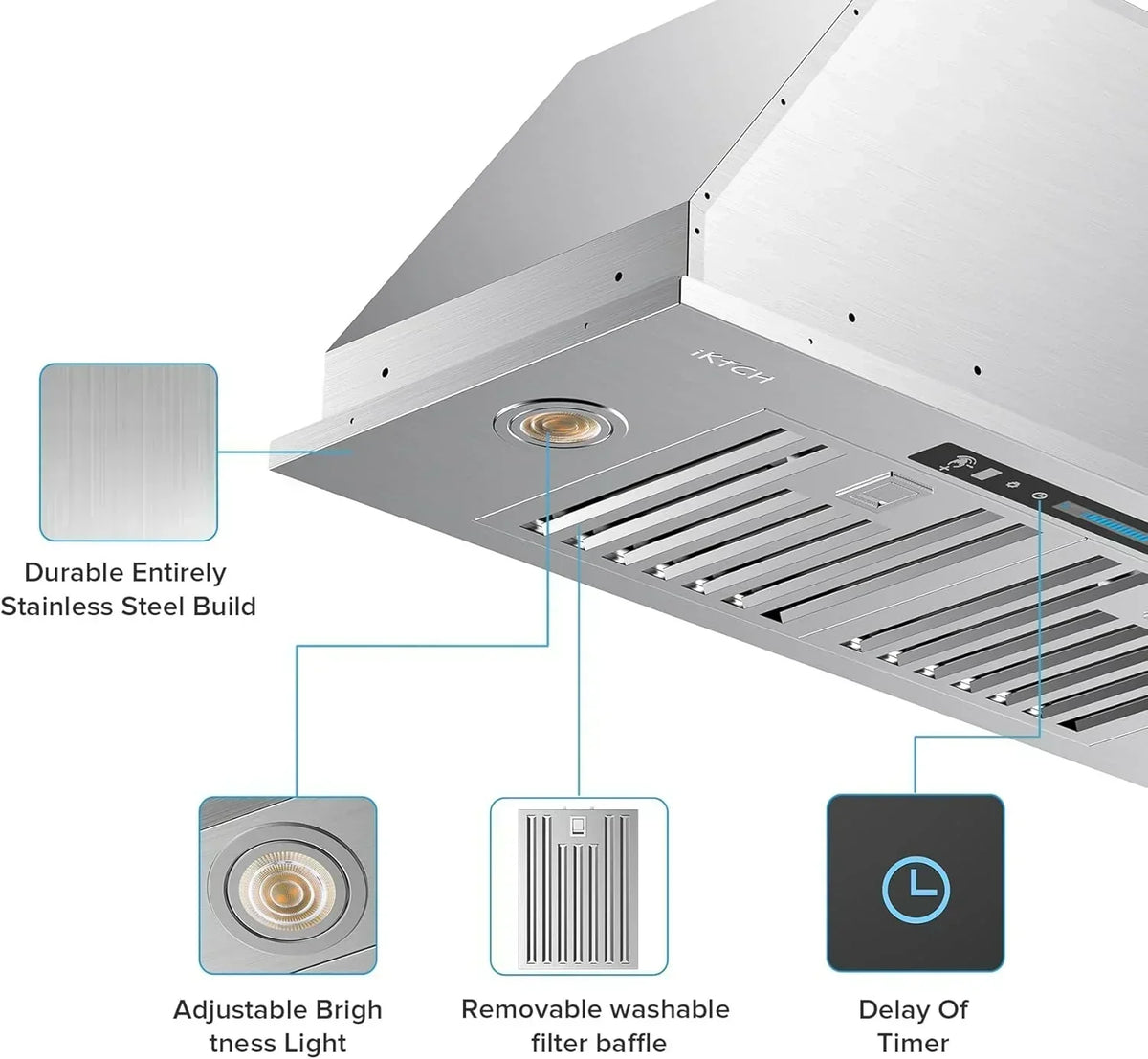 IKTCH 30 Built-in Plug-in Range Hood 900 CFM Stainless Steel Kitchen Range Hood