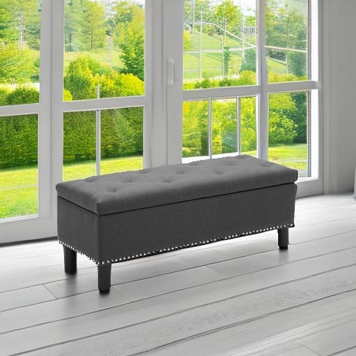Furniliving Modern Storage Ottoman Bench, Sherpa Ottoman End of Bed Bench with Solid Wood Legs Upholstered Ottoman Benches with Storage Indoor Bench