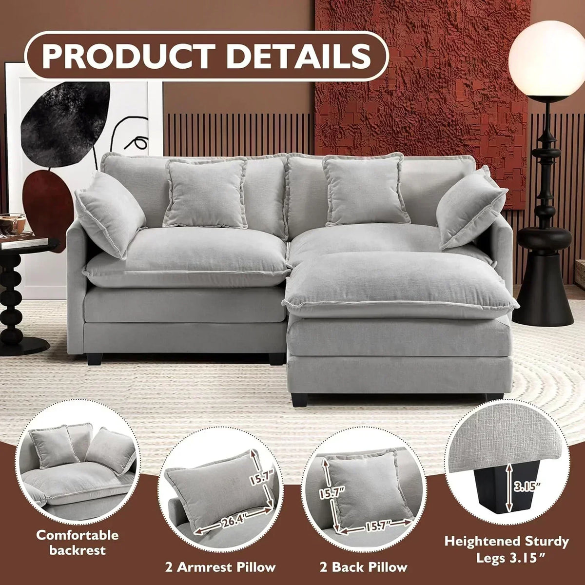 111.4 Inch L Shaped Modern Sofa Modular Cloud Sofa with Ottoman 4 Seater Chenille Deep Seat Sofa