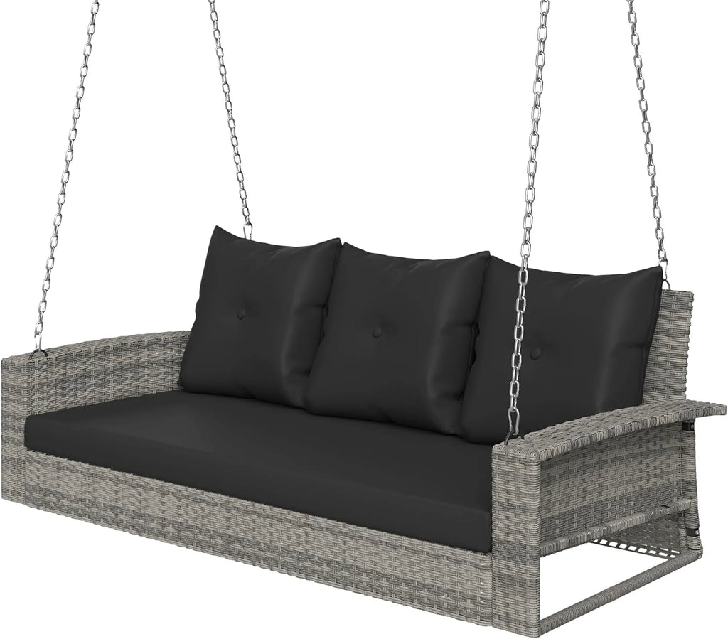 YITAHOME Hanging Porch Swing Chair Sits 3 People, Wicker Outdoor Swing Bench, Patio Lounge Chair, 1 Seating Cushion and 3 Back Cushions, w/Removable Covers, for Garden, Balcony, Backyard, Brown